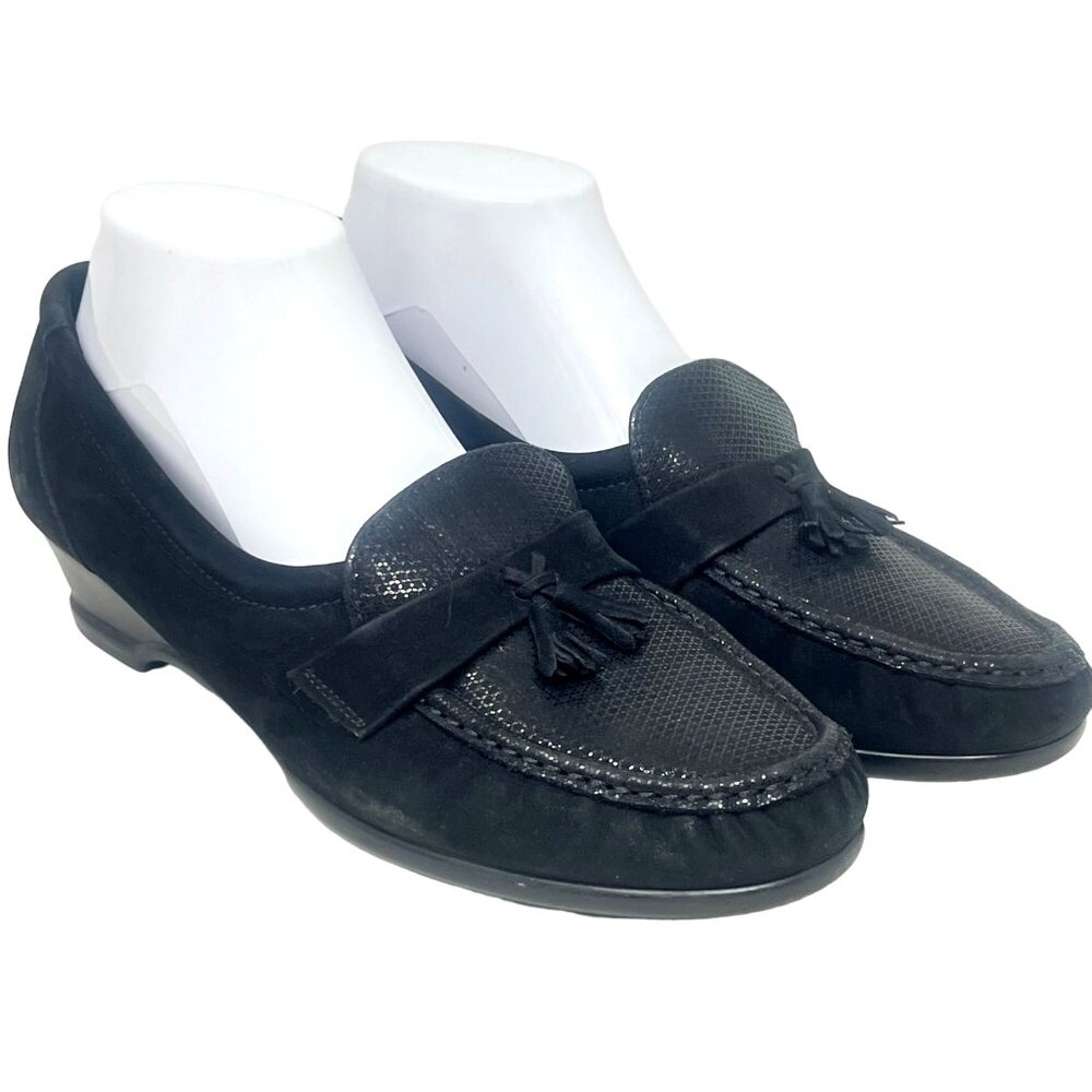 SAS WomensTaylor Black Suede Printed Moc Toe Leather Tassel Loafer Size 9.5M